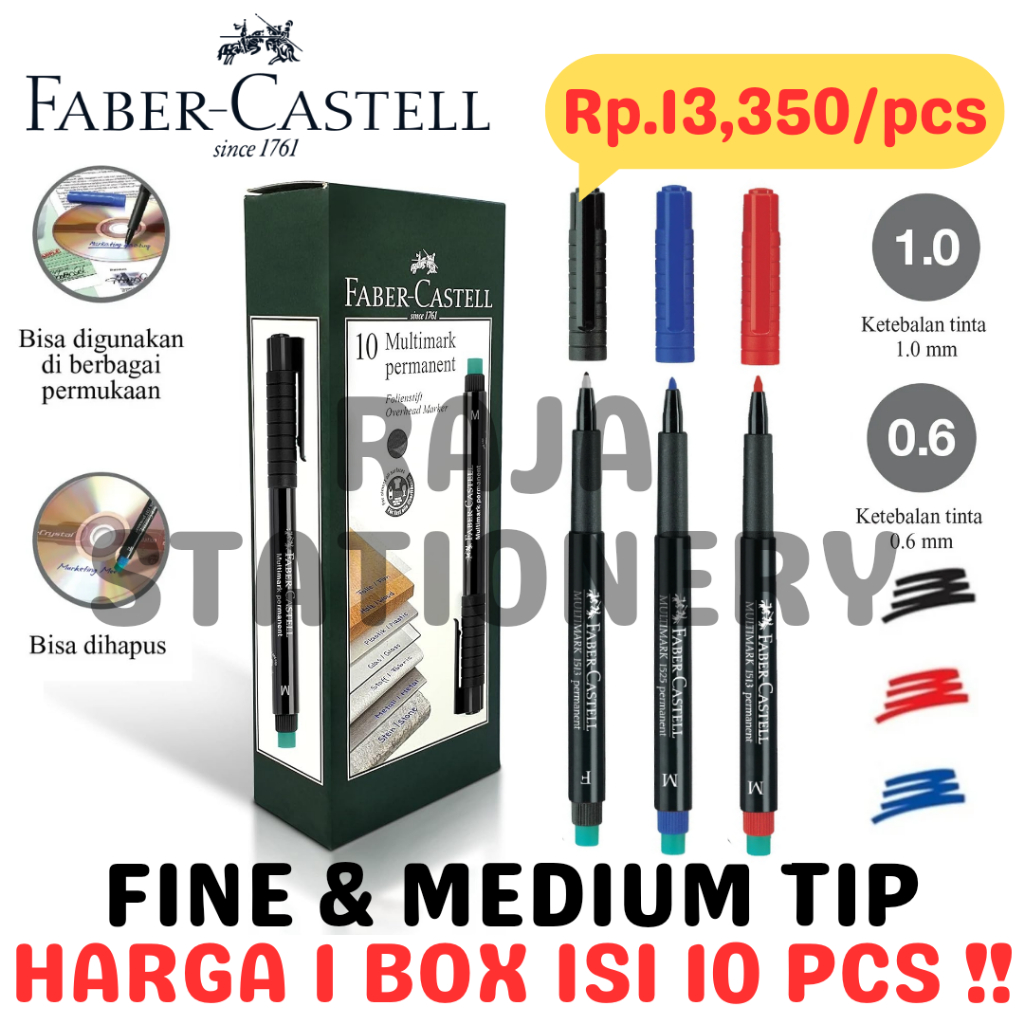 

FABER CASTELL PERMANENT MARKER MULTIMARK OPF OPM BLACK BLUE RED FINE MEDIUM ERASABLE SPIDOL PERMANEN FABER CASTELL MULTI MARK HITAM BIRU MERAH BISA DI HAPUS 0.6 1.0 OHP BOX [10PCS]