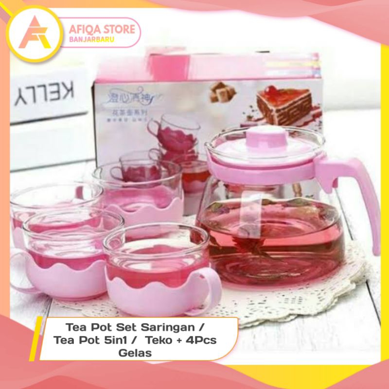 Tea Pot Set Kaca / Tea Pot 5in1 /  Teko + 4Gelas Kaca