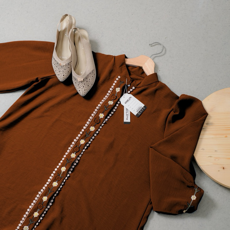 Womscloth - Midi Dress Crinkle Bordir - Dress Lebaran Busui Kancing Lengan Panjang - Gamis Wanita Muslim Terbaru-Brown