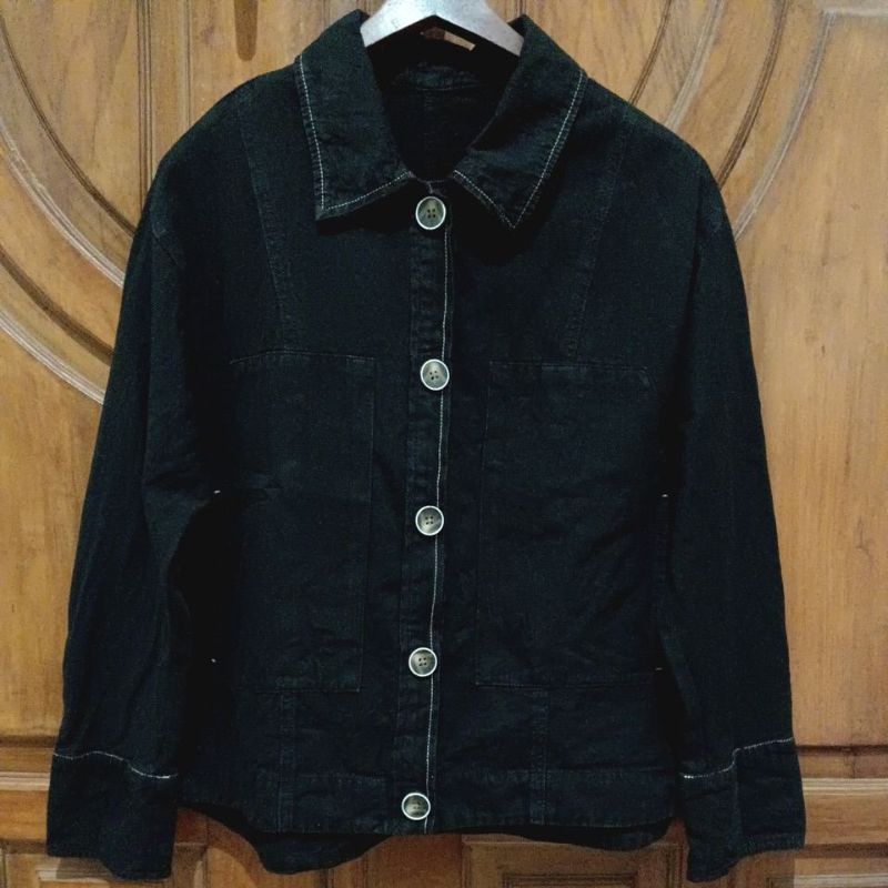 PRELOVED JCONIQ Jaket Crop Semi Denim Wanita Hitam Bigsize