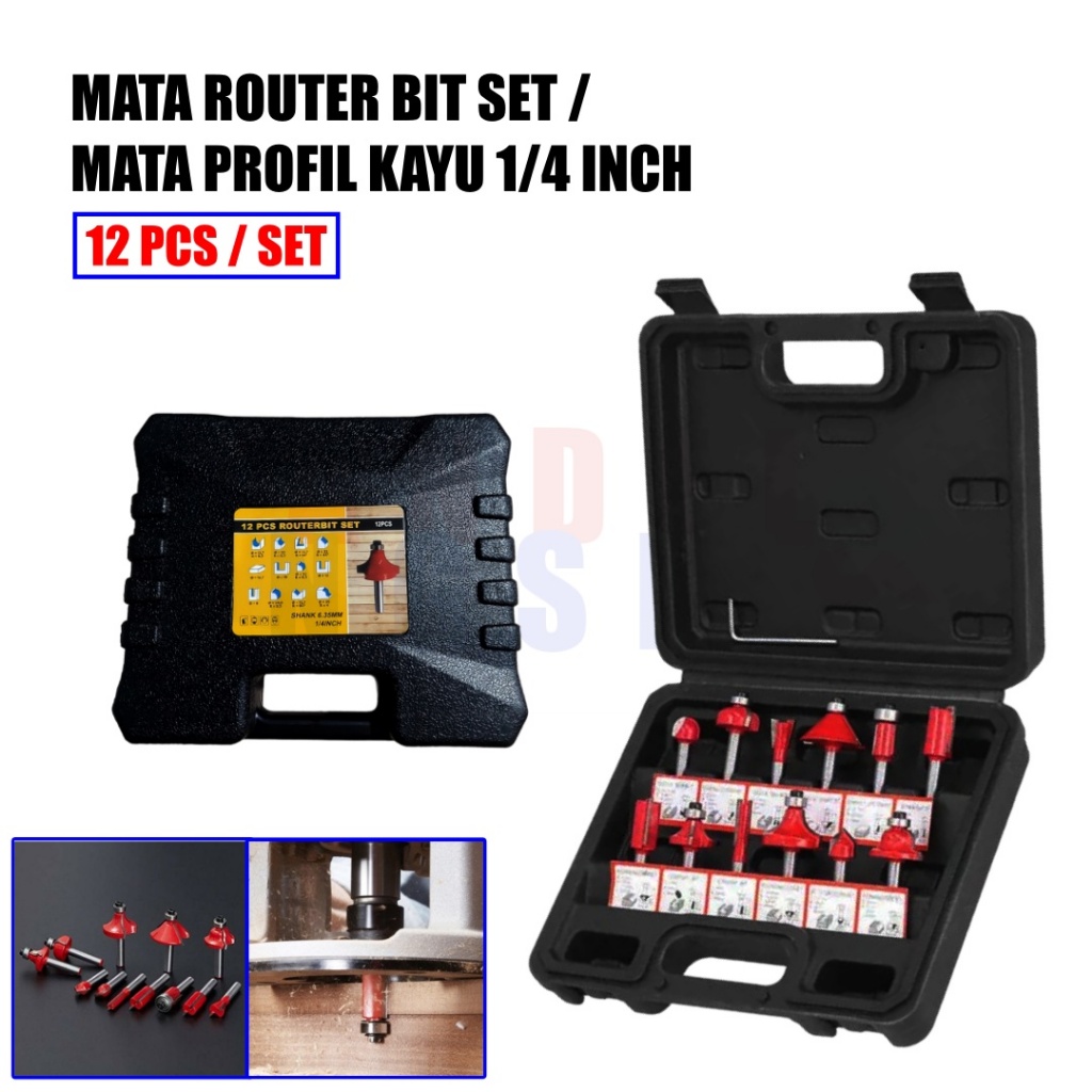 Mata Router Trimmer Kayu SET 12 pc router bit set mata profil mata trimmer Router Bits Set 1/4” Kayu
