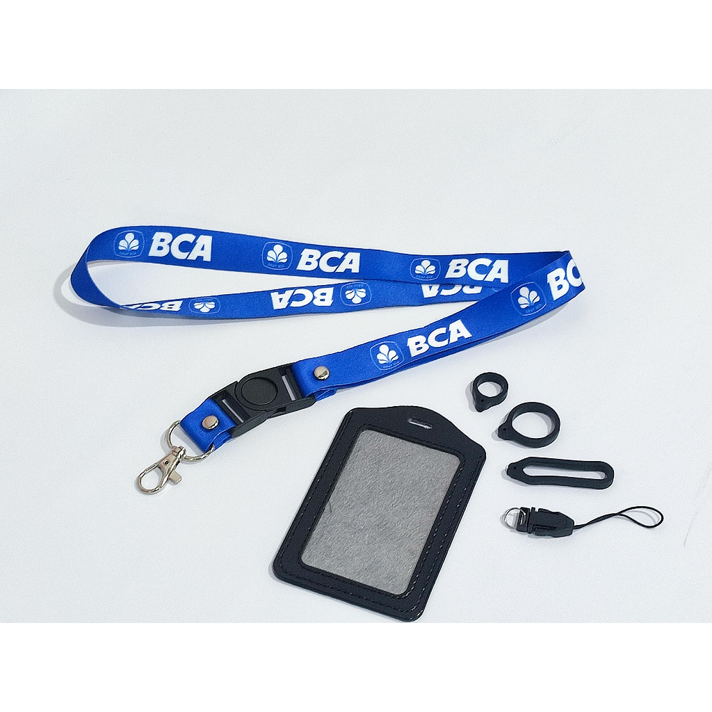 

Lanyard Premium Bca biru FREE Case Gantungan Karet Oring Cantolan / Lanyard ID Card Custom Pancawarna