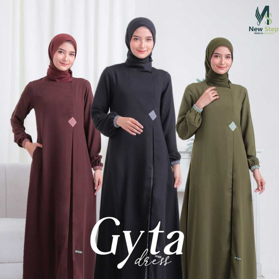 GYTA DRESS BY NEW STEP BURGUNDY BLACK ARMY -  BAJU BUSANA MUSLIM GAMIS DRESS BASIC WANITA DEWASA REM