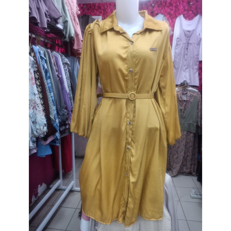 dress tunik bahan codoray velvet kuning kunyit mustard model korea tangan balon