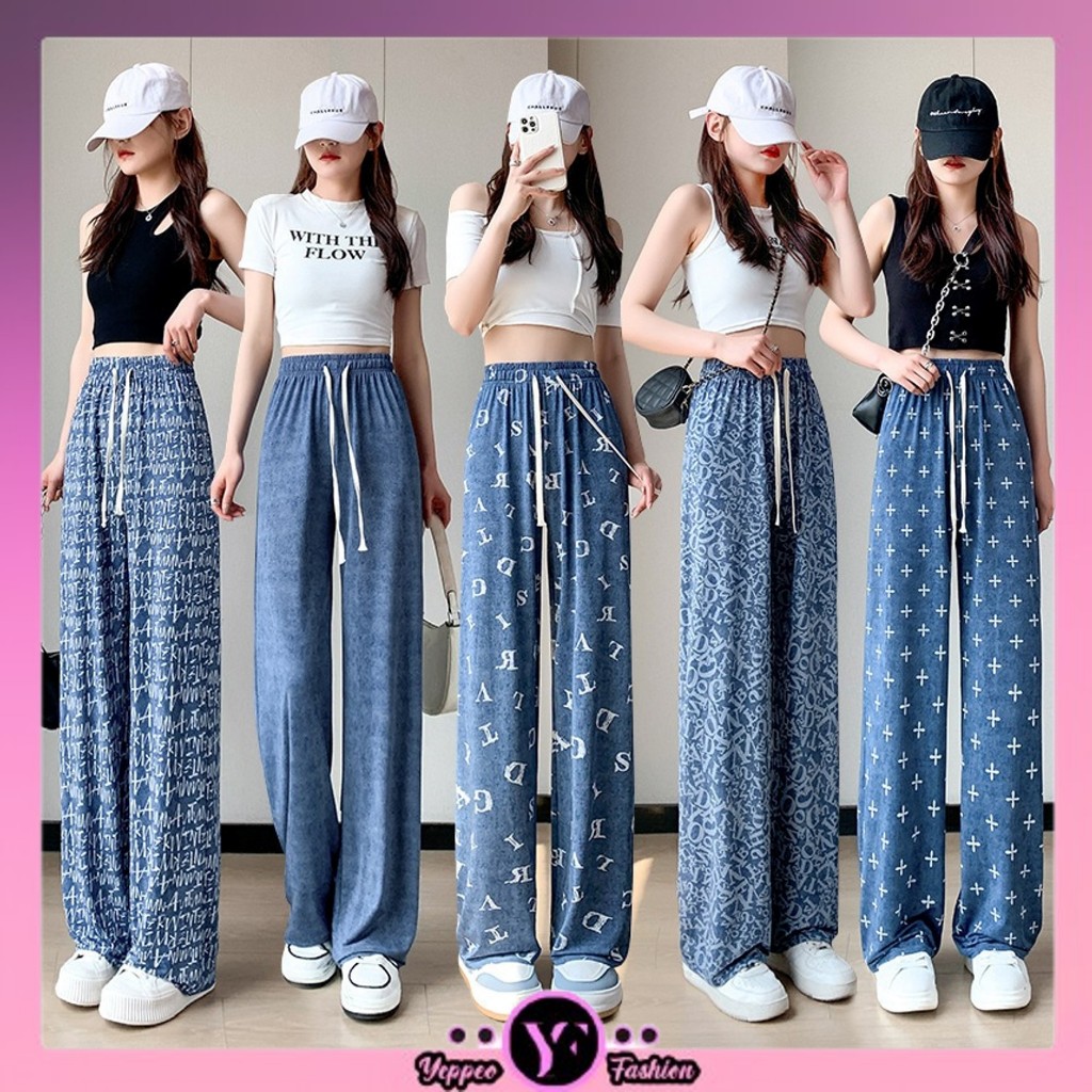 •YF•CPG1570 Panjang Kulot Celana Panjang Kulot Wanita Bahan Denim Pinggang Tinggi Model Longgar Gaya