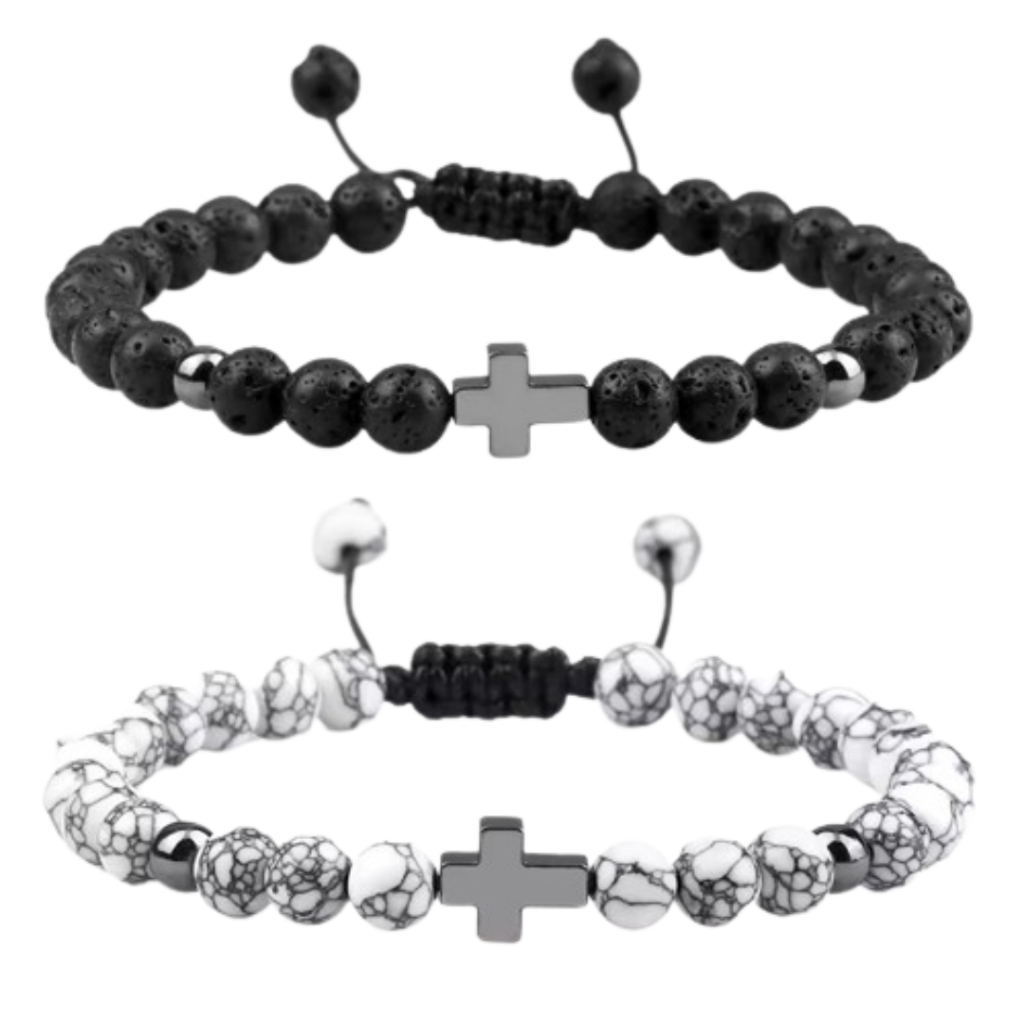 ALPHA OMEGA - Gelang Salib Tali Batu Alam Volcanic Lava Pria Wanita