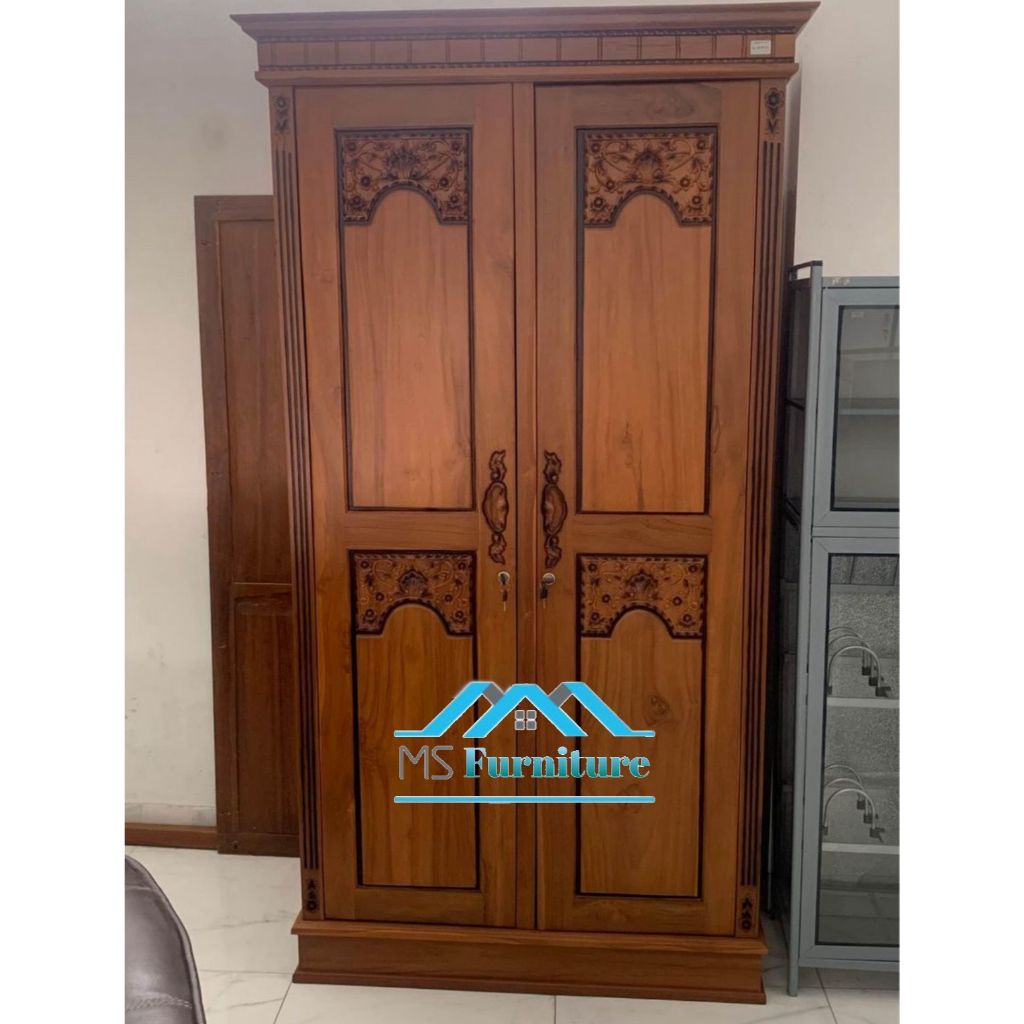 lemari majapahit pintu 2 kayu jati / lemari minimalis ukir jepara / lemari pintu 2 jati