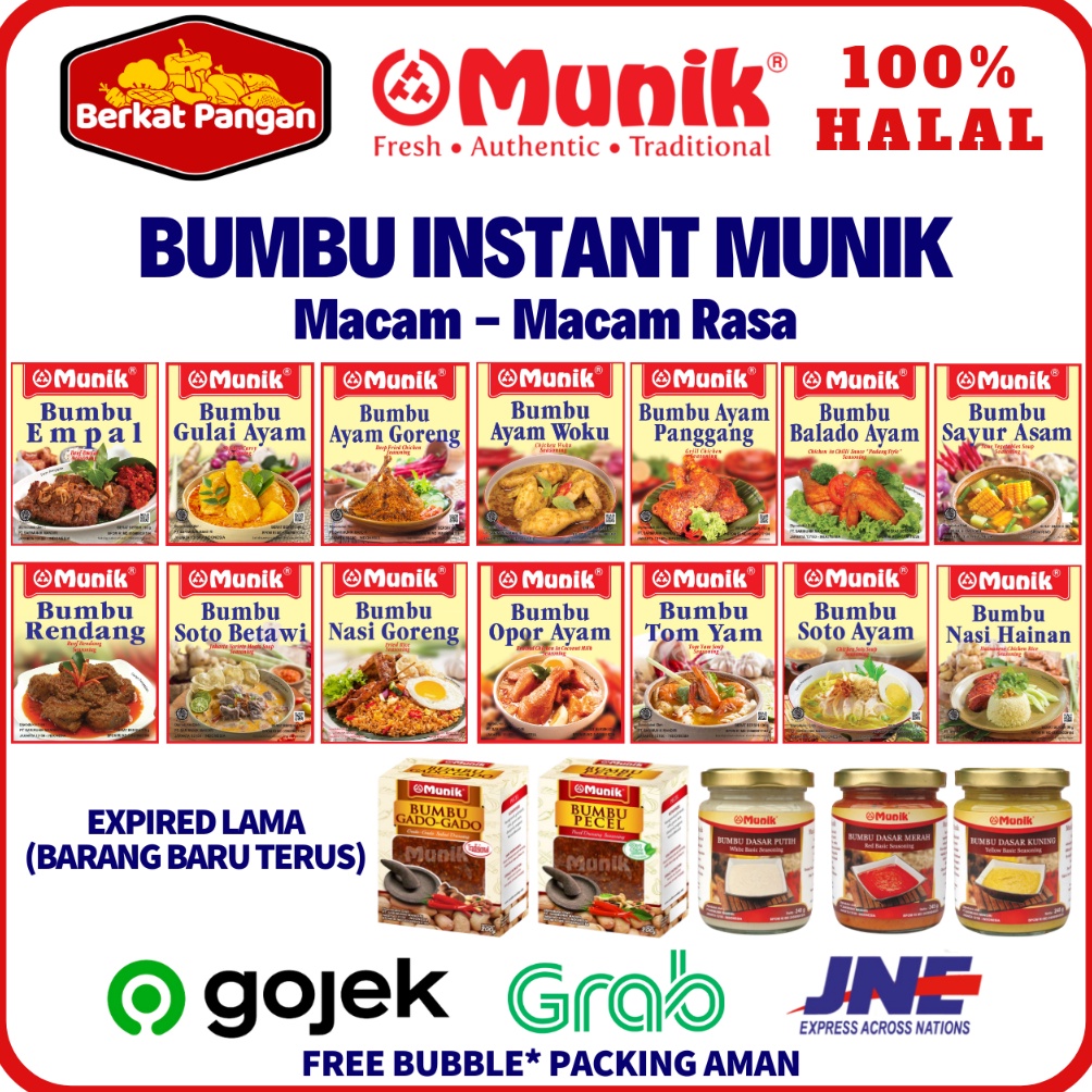 

Bumbu Instant Munik Rasa Rendang Semur Soto Betawi Sop Buntut Rawon Nasi Hainam Sayur Asam Opor Ayam Empal Soto Ayam Gado Gado Ayam Goreng Tom yam