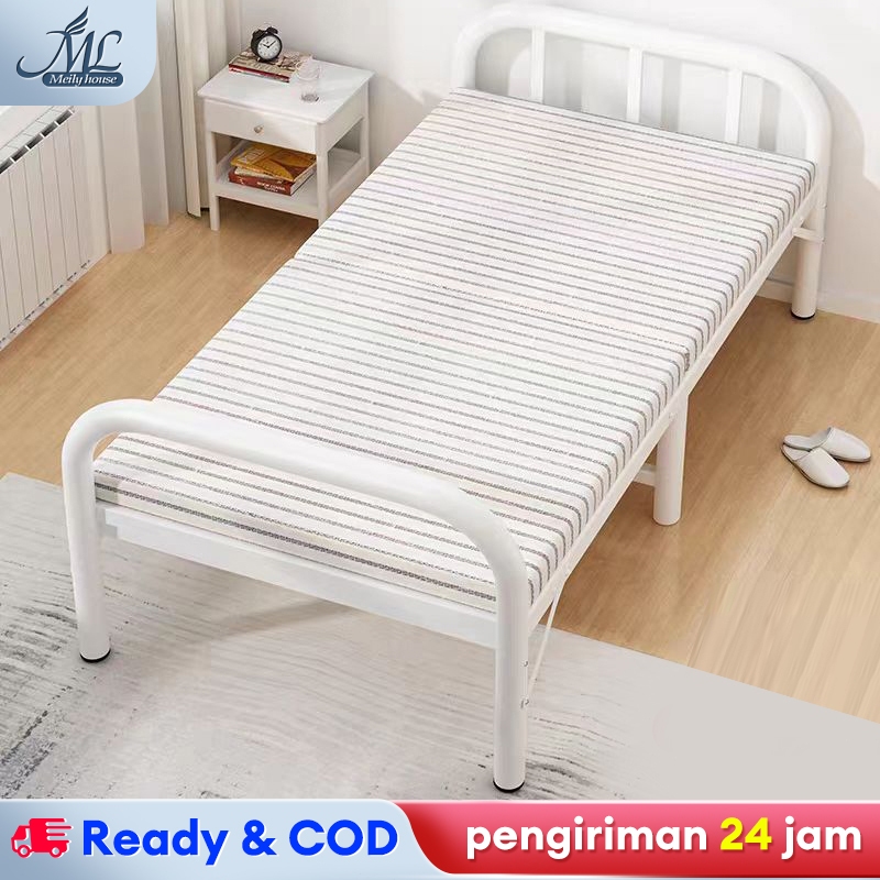 Tempat Tidur Lipat Tempat Tidur Lipat Besi Portabel Kasur Lipat Garis Biru Yang Bisa Dilipat