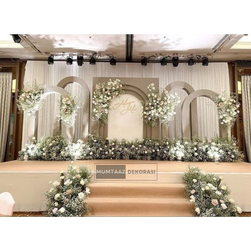 backdrop pelaminan terbaru model bulat 1 set, backdrop dekorasi pernikahan