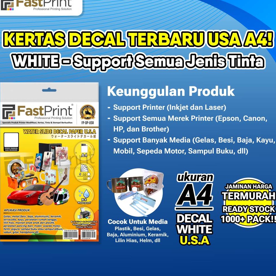 

Baru Berkualitas Fast Print Kertas Water Slide Decal White USA A4 17 Gram