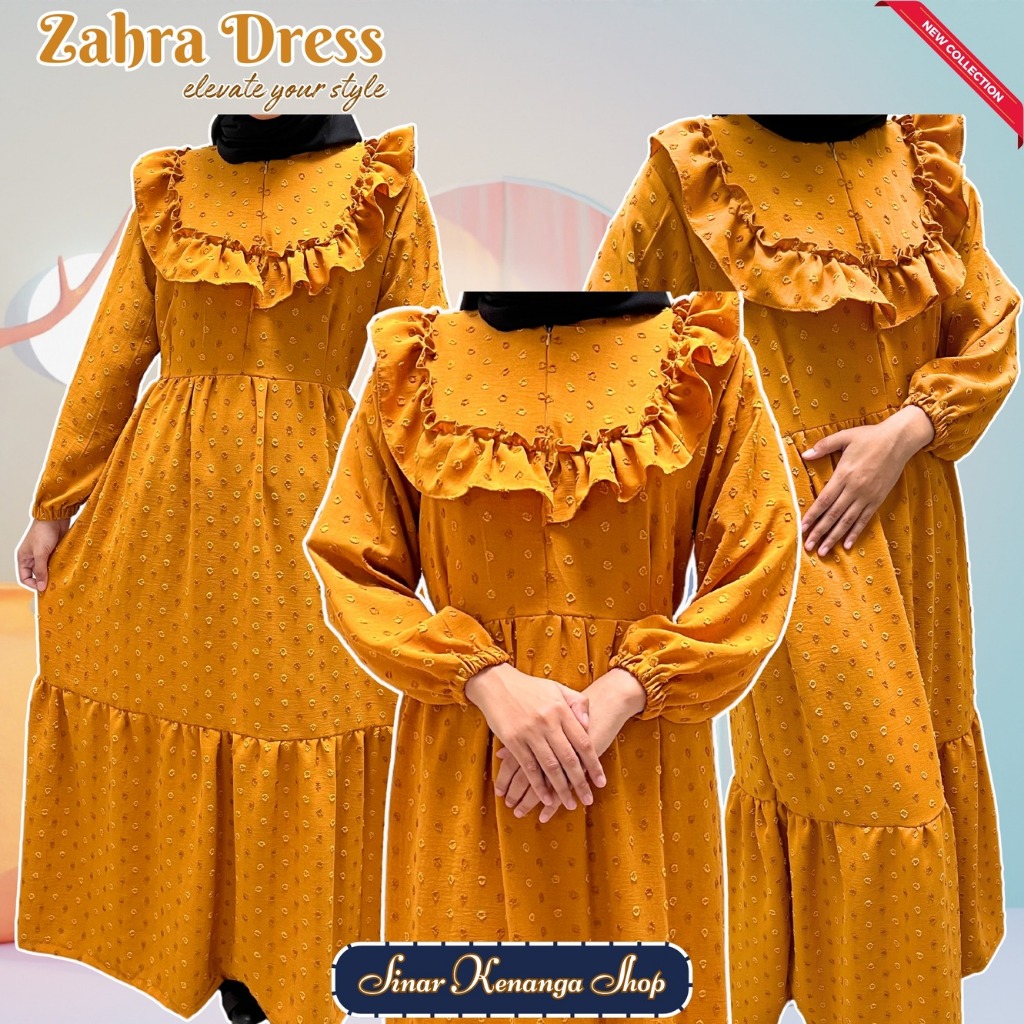 Zahra Dress Kuning Mustard Baju Dewasa Gamis  Busui Resleting Depan Bahan Crinkle Kantong Samping Ur
