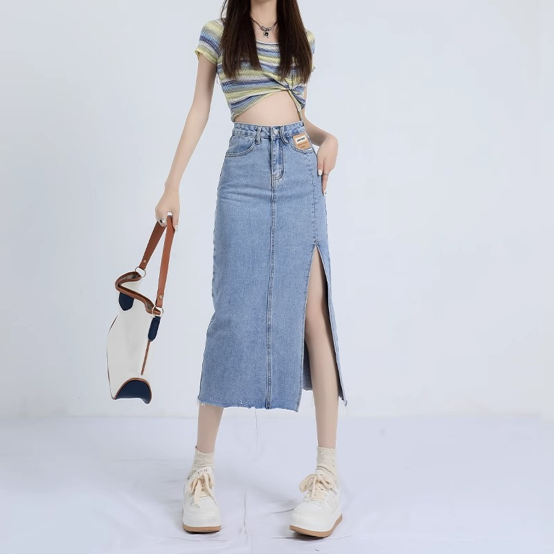 Tamstore Rok Jeans Denim Wanita Belah Depan Rawis Korean Style Skirt Mizzu