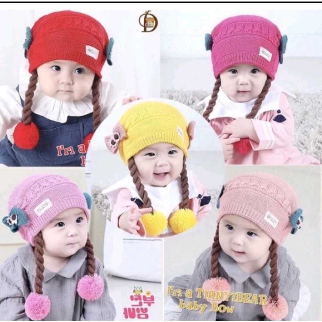 Topi Bayi Perempuan Motif Kepang Rajut / Topi Anak Bayi Perempuan Usia 0-12 Bulan