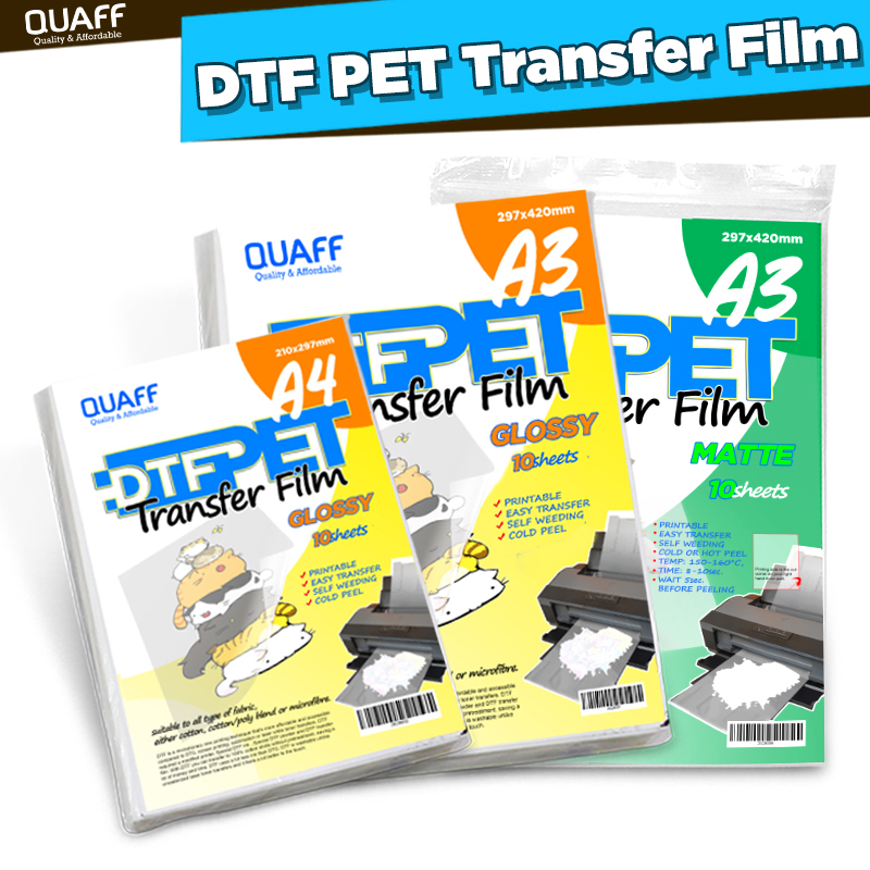 

Kertas QUAFF Film Sablon DTF Transfer Paper A4 A3 Premium DTF Film A4 A3 isi 100 Lembar ( untuk mesin press kaos, keramik, piring, topi, plat alumium, puzzle, bantal )