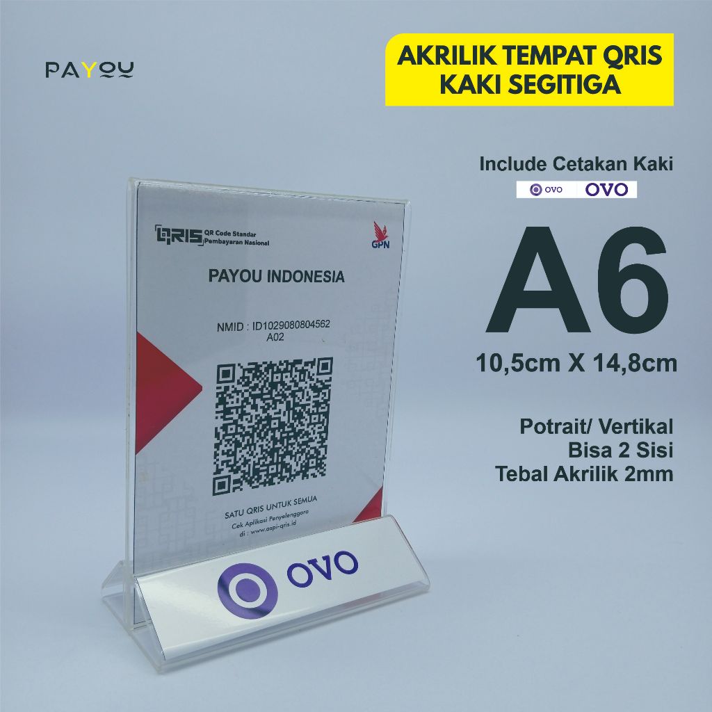 

Akrilik Tempat QRIS/ Barcode A6 2mm Kaki Segitiga Logo OVO