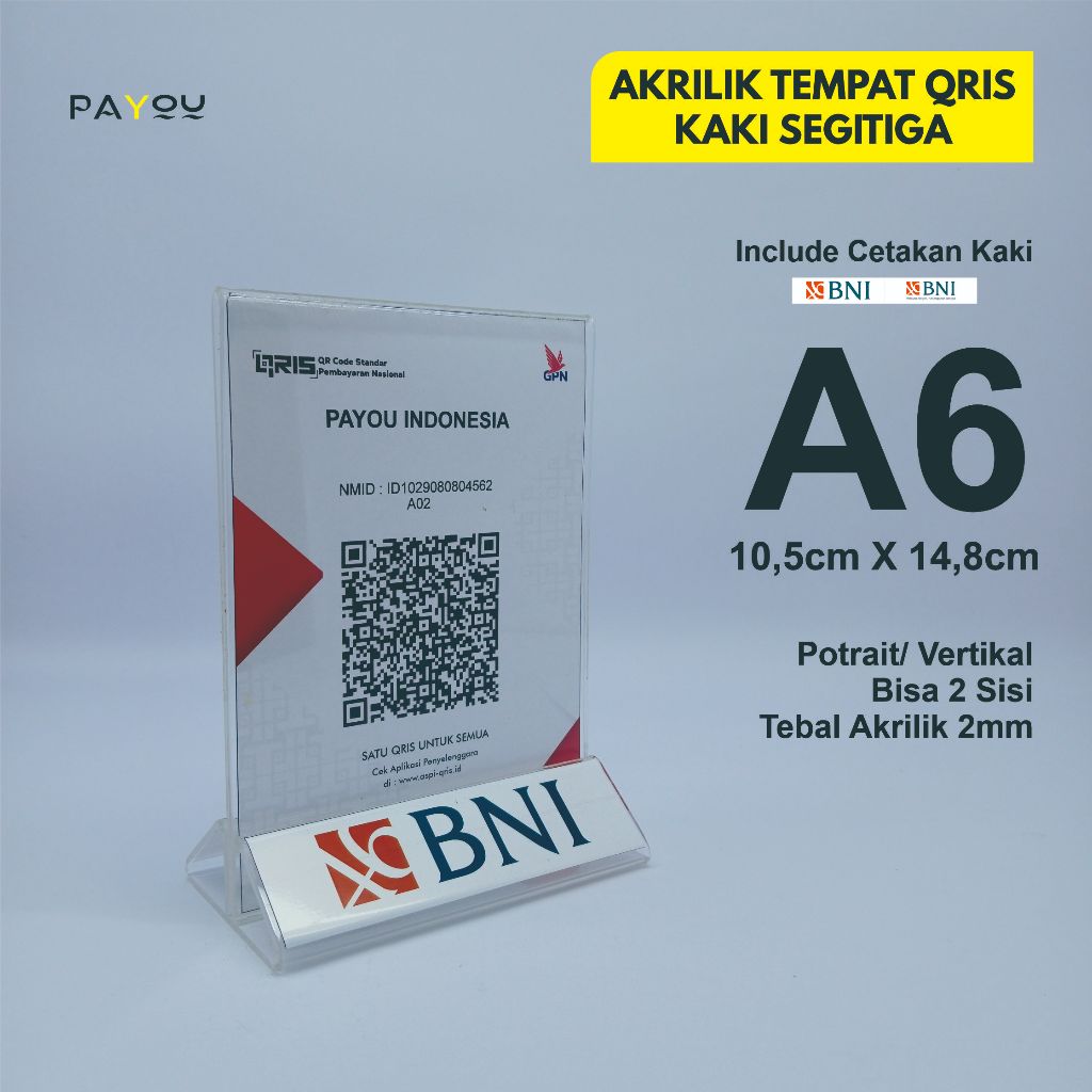 

Akrilik Tempat QRIS/ Barcode A6 2mm Kaki Segitiga Logo BNI