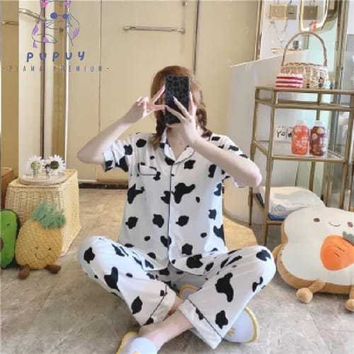 Pupuy Piyama Premium Bajua Tidur Wanita  Korea Lengan Pendek Motif Sapi Baju Tidur Remaja Dewasa Kan