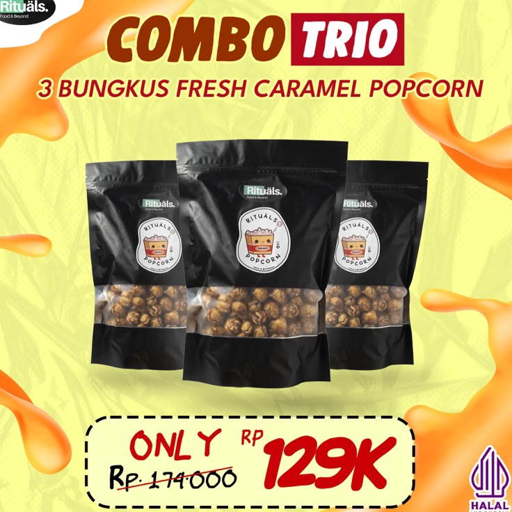 

Promo Keren Combo Trio 3 Bungkus Rituals Popcorn Caramel Large Homemade by Willy Kun