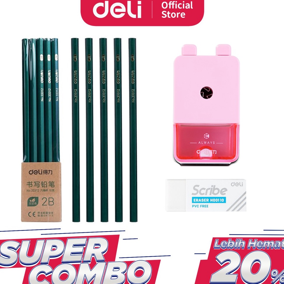 

ART G88W Deli Combo Set 2 1pcs Pensil 2B 3pcs Penghapus Rautan Putar