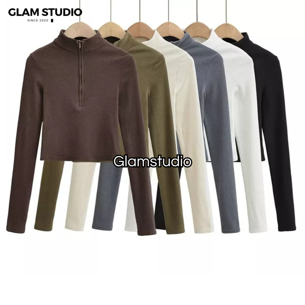 Glamstudio - Crop Top ZIPER Long Sleeve Kaos Crop Lengan Panjang ZIPPER ( CTLS 008 ZIPPER )