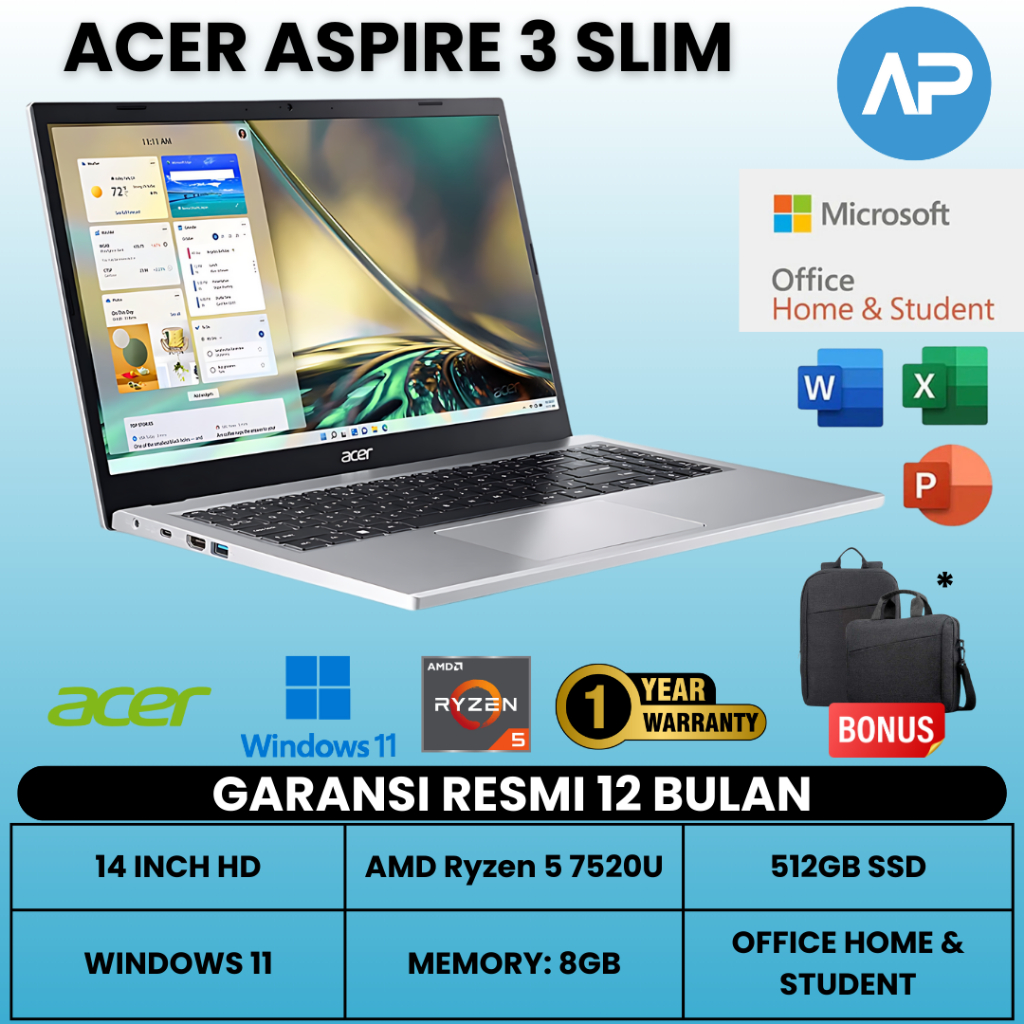 Laptop Acer Aspire 3 AMD Ryzen 5 - 8GB - 512GB SSD - 14" - Windows