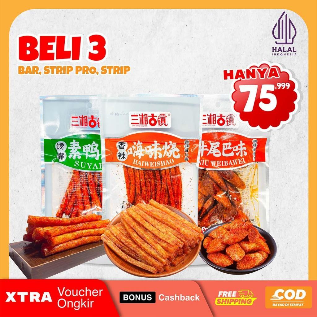 

[BUNDLE 3.3 HALAL SNACK] Snacks Cemilan Latiao Premium Bundle 3 Pack (Isi 1 Strip Pro, 1 Bar, 1 Strip) | Camilan Pedas Spicy Strips Mala