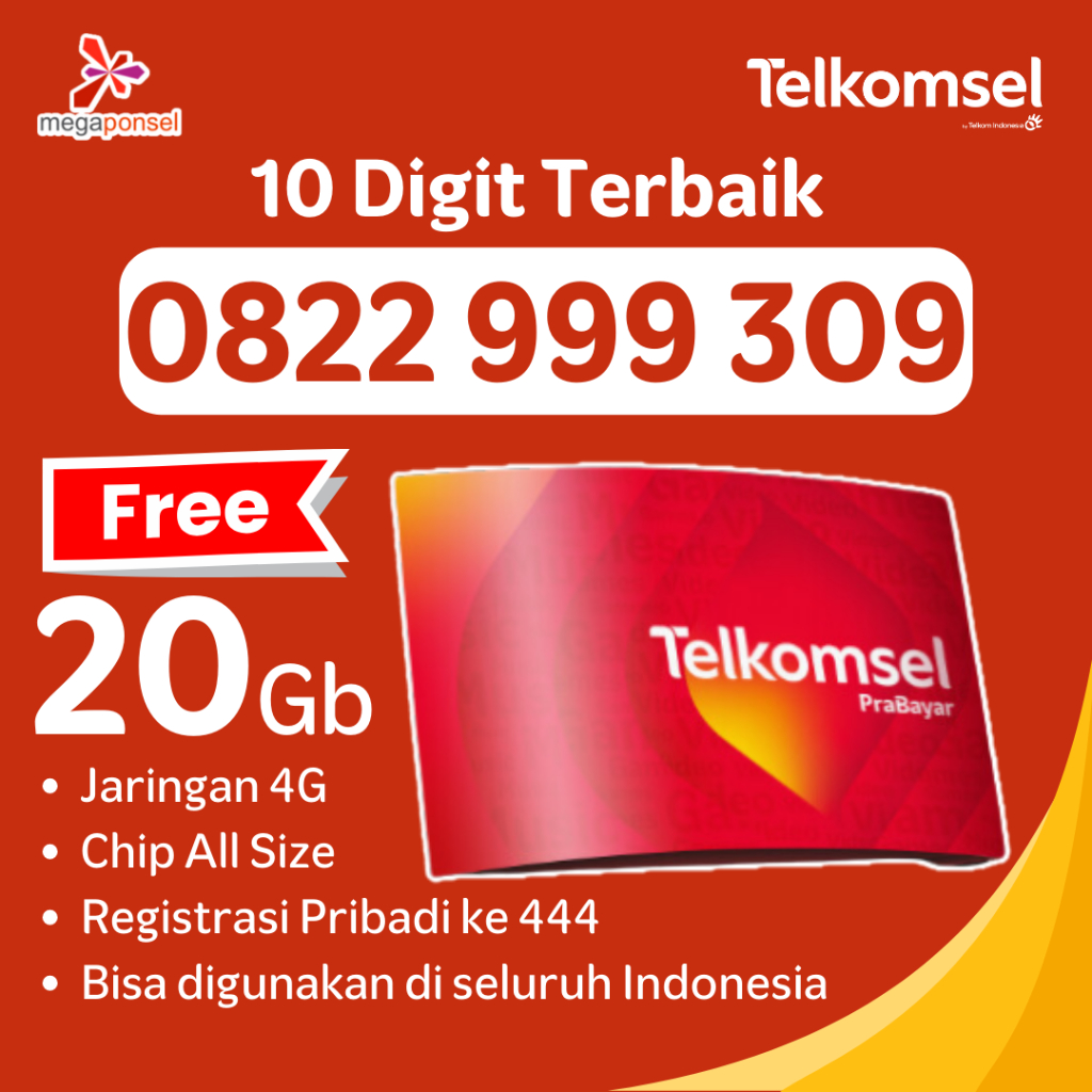 Kartu Cantik Nomor Perdana Cantik Telkomsel 10 Digit Simpati 4G Bonus Kuota 20 GB 0822 999 309