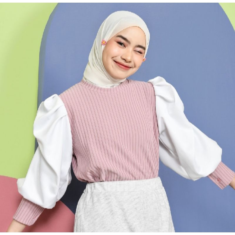 BLOUSE WANITA KNIT MIX SATIN / BAJU WANITA LENGAN BALON