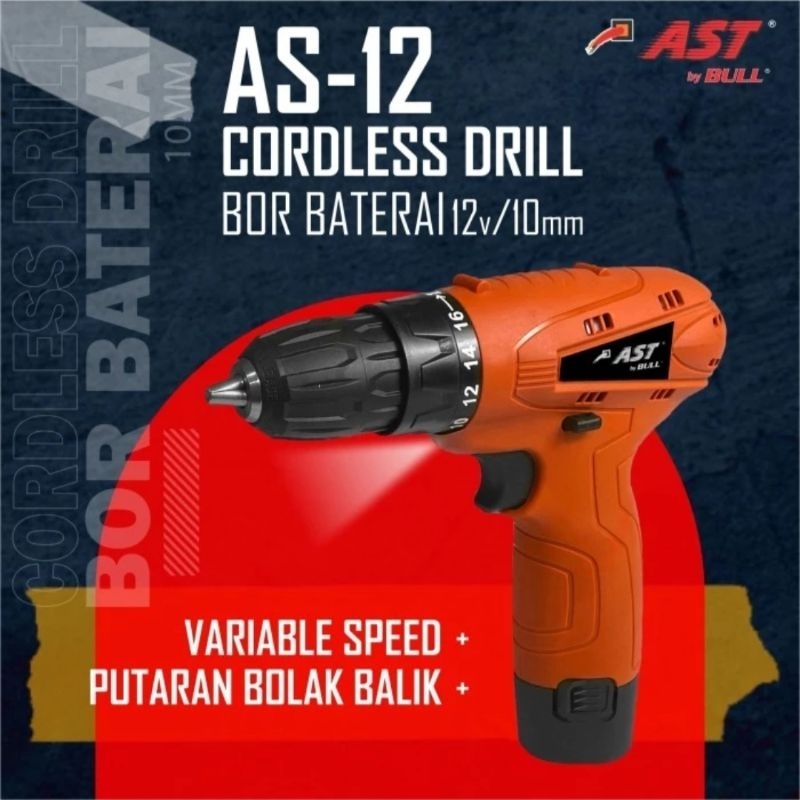 Bor Cordless 2 Baterai AST AS-12 Cordless 12Volt Bor Kayu Besi