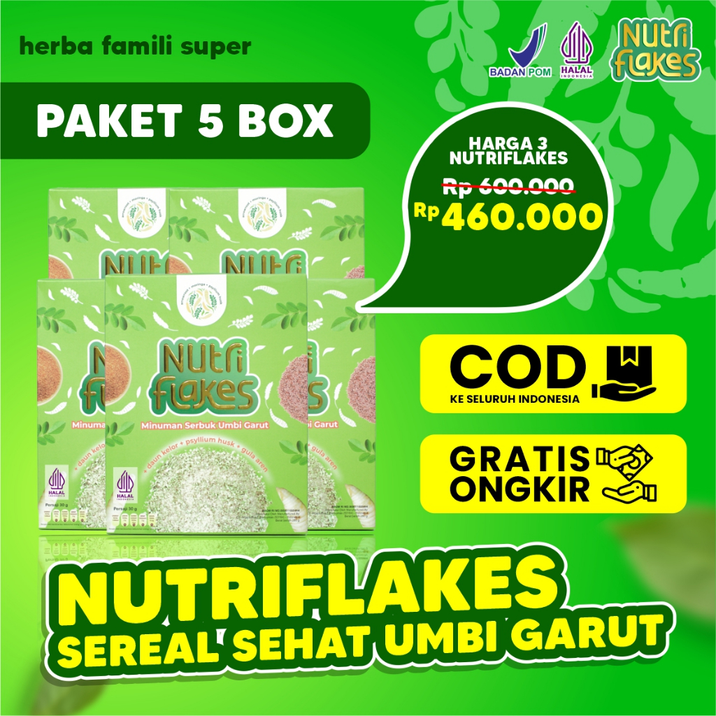

Paket Super 5 Box NUTRIFLAKES Sereal Umbi Garut + Herbal Tambahan Atasi Ketergantungan Obat Kimia
