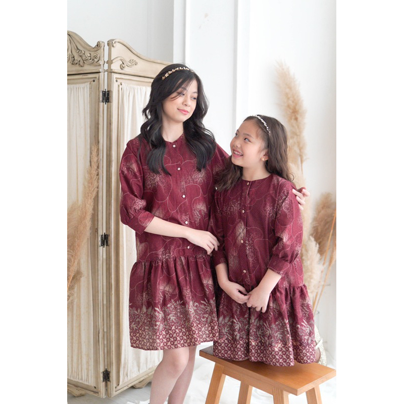 MILVA KIDS - Buketan Batik Dress / Dress Batik Anak / Dress Batik Anak Biru / Dress Batik Anak Maroo