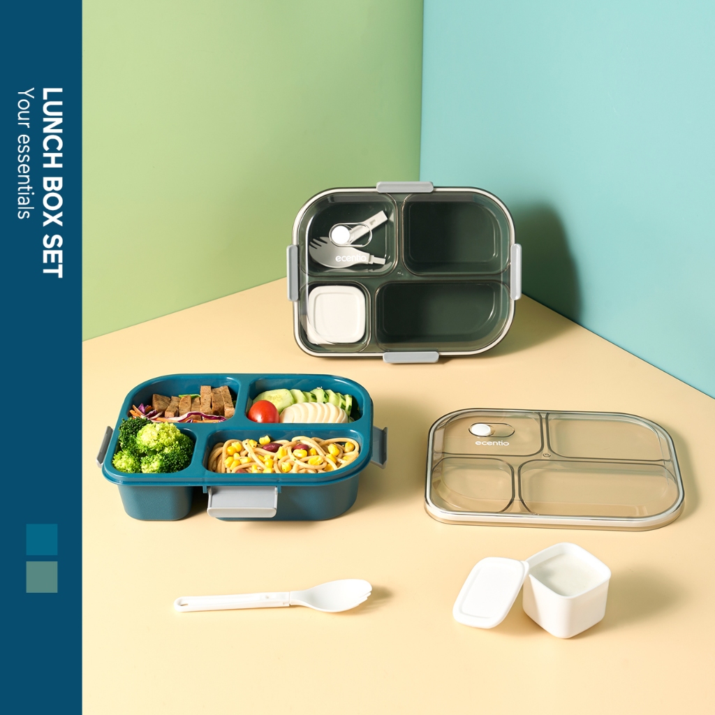	 ecentio Kotak Makan lunch box set 4 Grid Dengan Dengan Kotak Sup Dan Sendok Gratis Anti Tumpah Berbahan 1100ml	