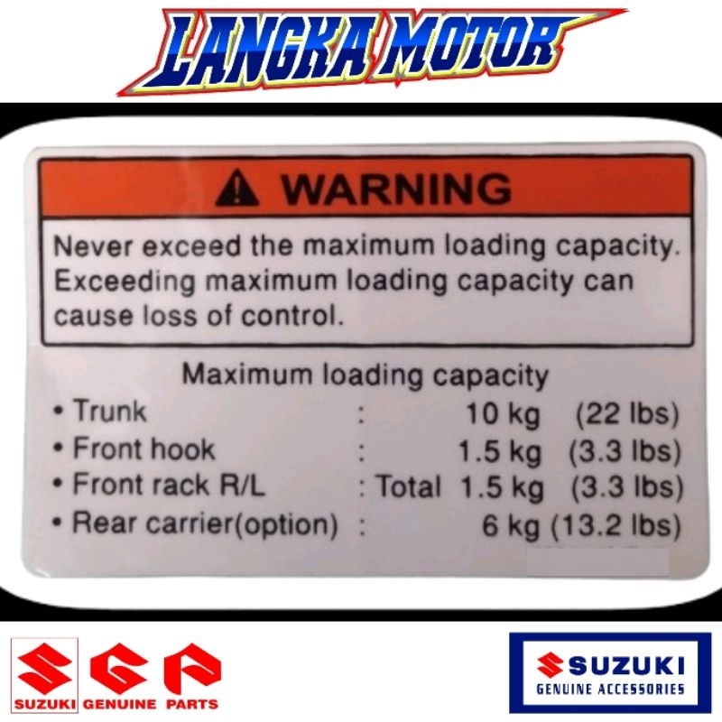 ORI SGP Ekspor Stiker Kapasitas Beban Suzuki Shooter Titan Smash Axelo Arashi Shogun Satria