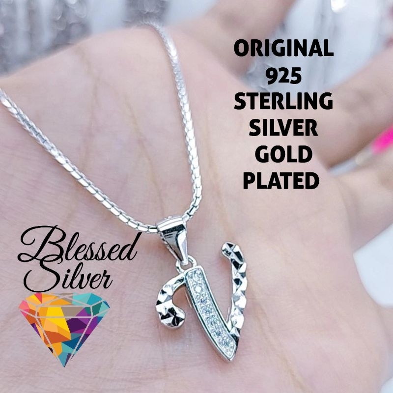 KALUNG PERAK ASLI 925 LAPIS EMAS MODEL ITALI SANTA LIONTIN HURUF V UKIR