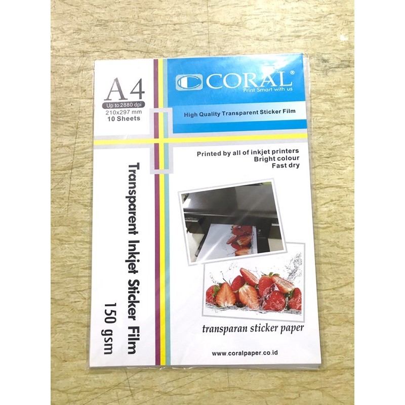

Kertas Stiker Coral Transparent Inkjet A4 150 gsm