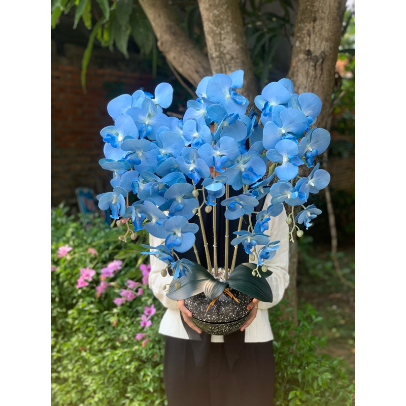 Anggrek Latex Jumbo 5 Cabang Vas Bola GOLD & HITAM Dekorasi Pot