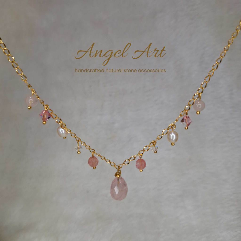 ANGELART Strawberry Rose Quartz Necklace with Pearl and Swarovski Crystal