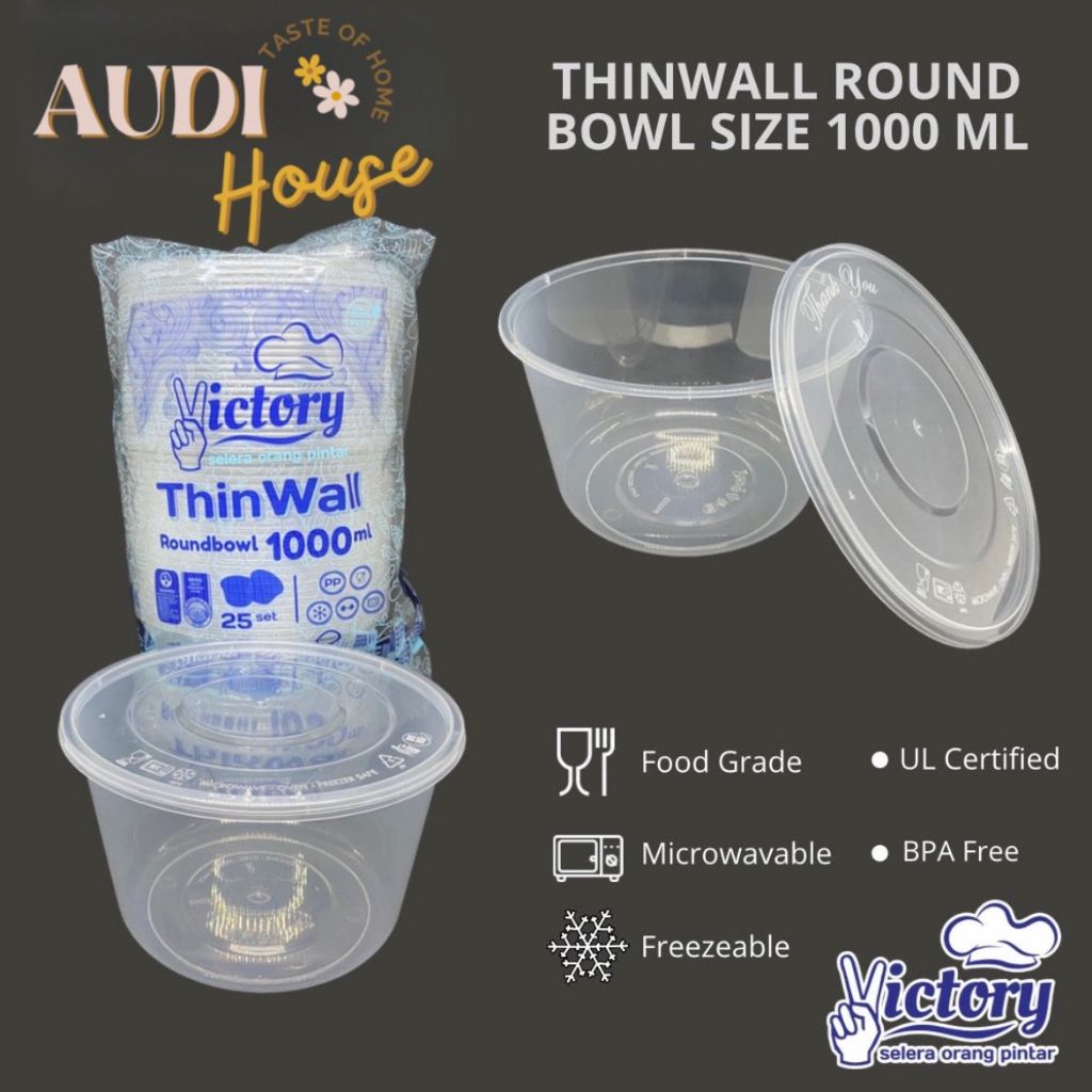[1 PACK ISI 25 PCS] THINWALL ROUNDBOWL VICTORY 1000ML MANGKUK BULAT BENING WADAH MAKAN PLASTIK