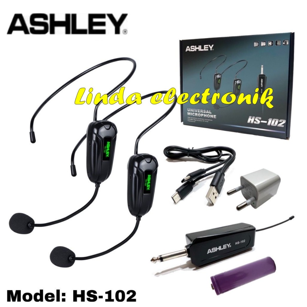 mic wireless ashley hs102 / hs 102 2 mic headset / bando original