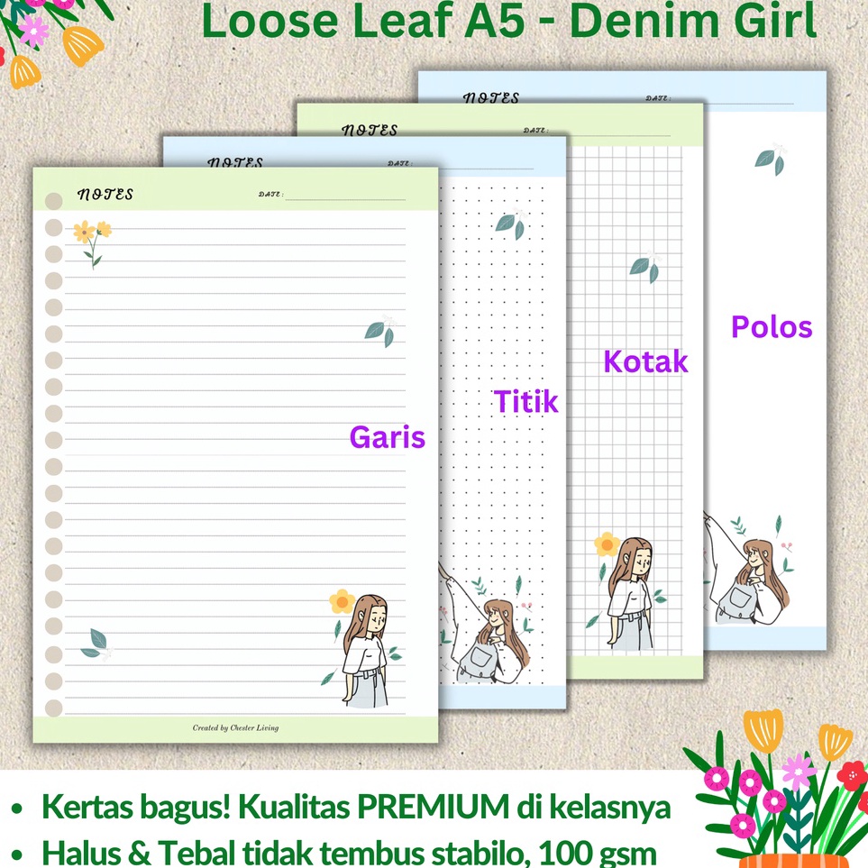 

Dijamin Terbaik Loose leaf Isi Kertas File binder A5 Tebal Denim Girl Refill Map Binder Line Grid Dotted Blank Garis Kotak Titik Polos Color Warna Lucu CHESTER LIVING