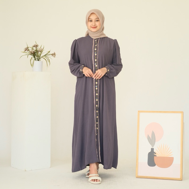 Womscloth - Midi Dress Crinkle Bordir - Dress Lebaran Busui Kancing Lengan Panjang - Gamis Wanita Muslim Terbaru-8