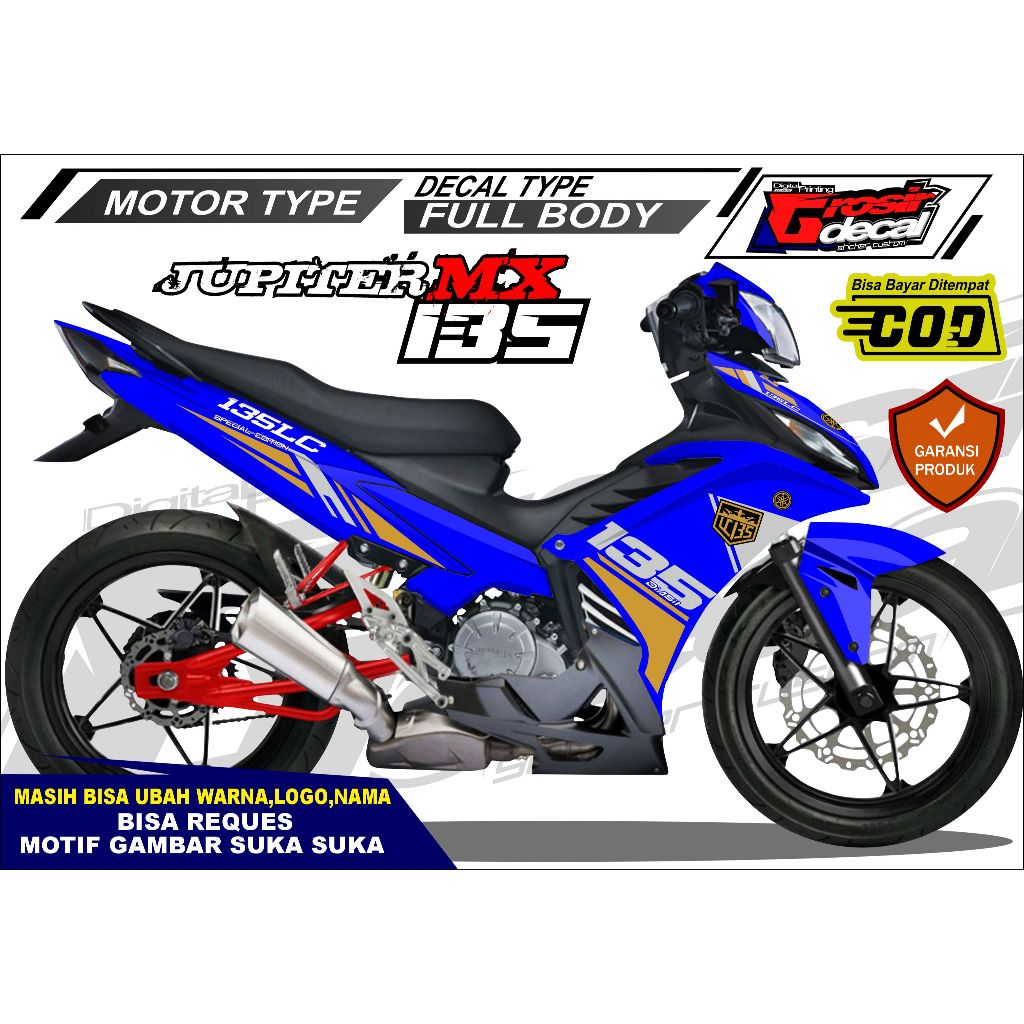 Decal Stiker Jupiter MX 135 New Biru Full Body Bebas Reques Sticker Jupiter MX 135 New Full Body