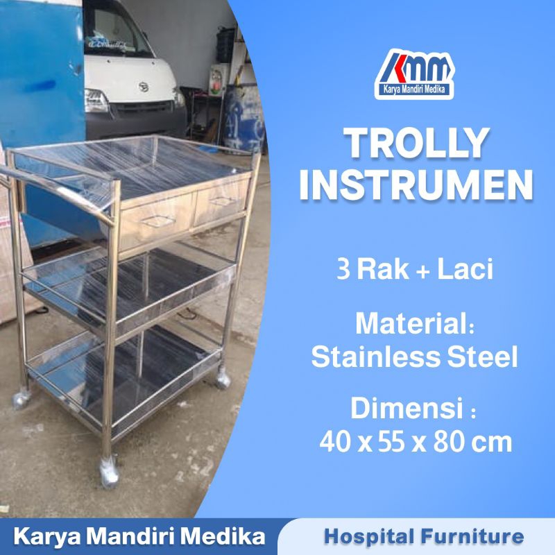 Trolley Instrument 3 Susun 2 Laci / Trolley Medis ( Stainless )