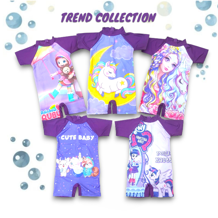 Baju Renang Anak/Baju Renang Anak perempuan/Baju Renang Anak Print Karakter Kombi Ungu Tua(01)