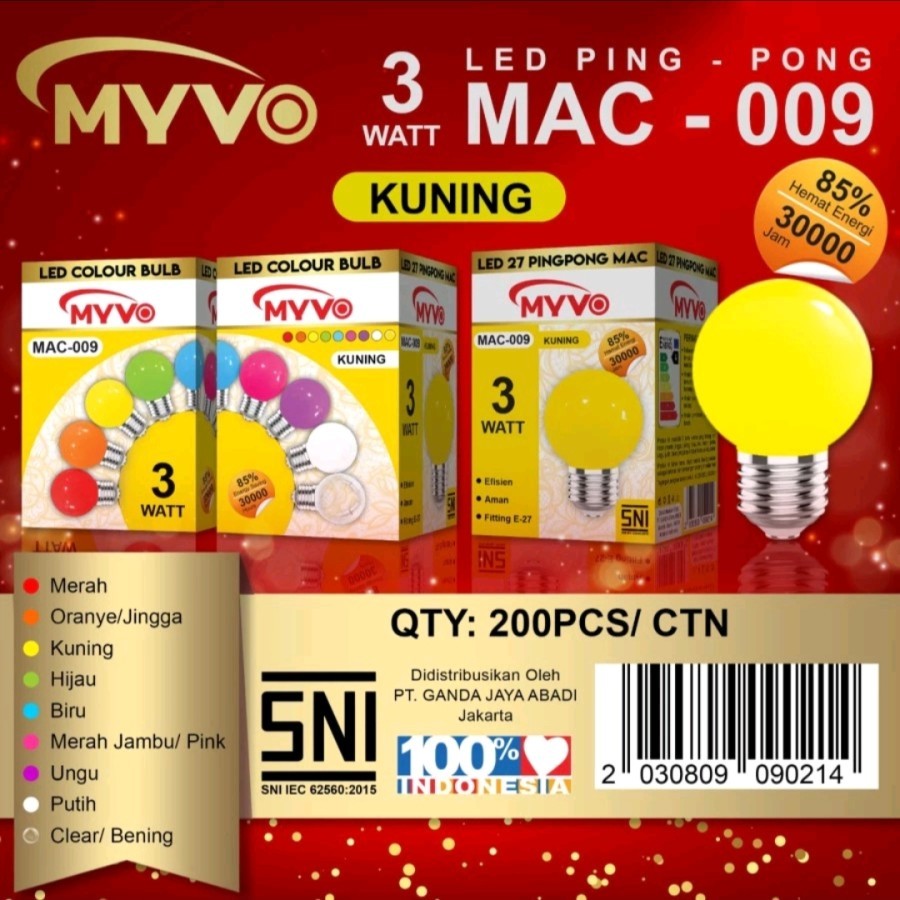 LAMPU LED WARNA WARNI PING PONG MERK MYVO 3 WATT/ LAMPU HIAS PING PONG KUNING