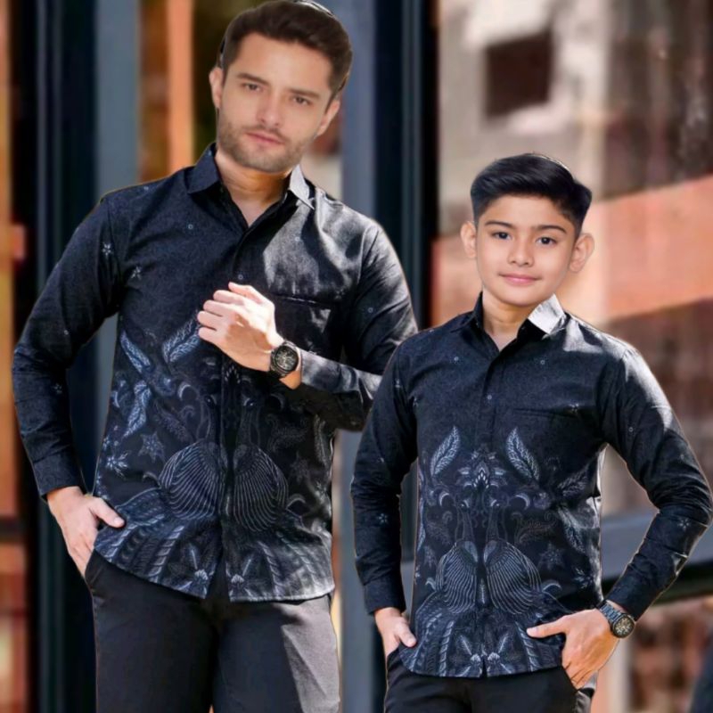 Batik couple ayah dan anak laki lak warna hitam Baju batik couple keluarga usia 2-12thn bahan katun