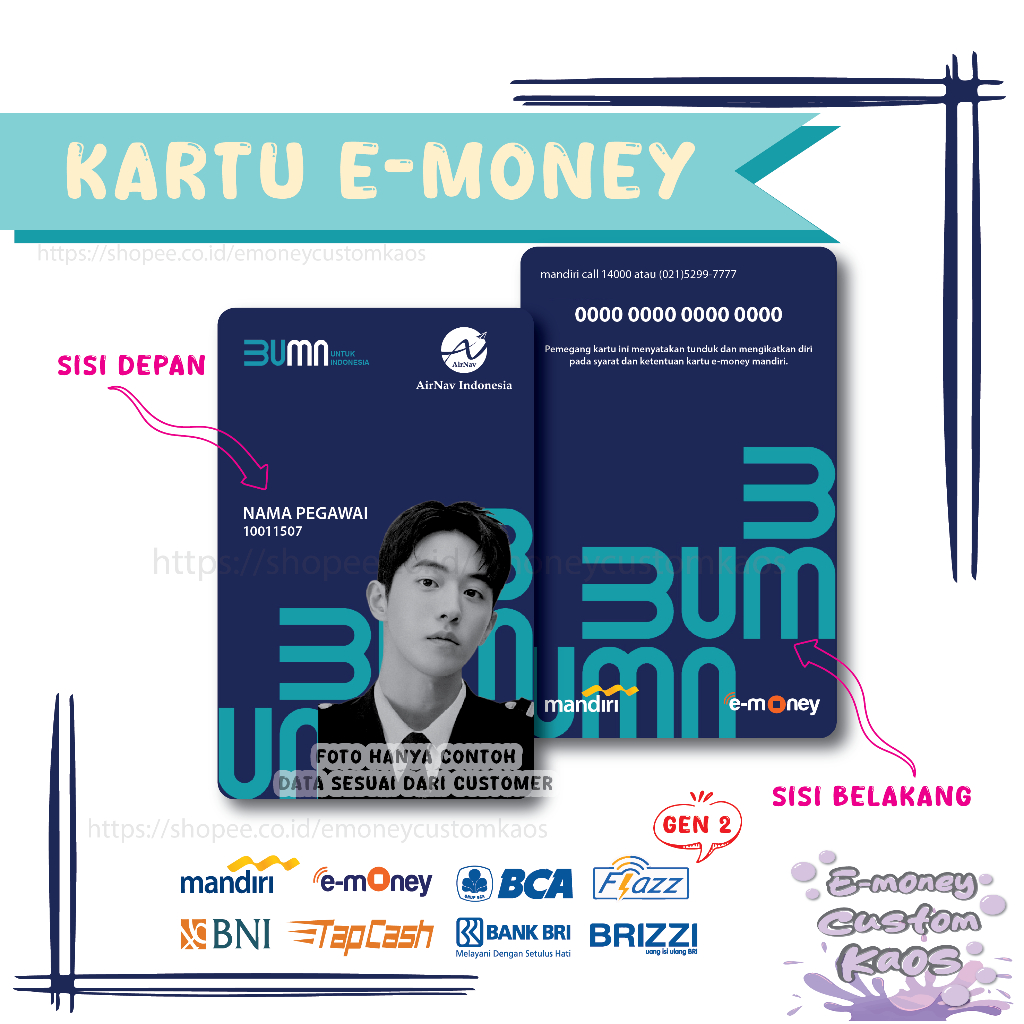 

KARTU EMONEY ID CARD AIRNAV AIR NAV BUMN E MONEY ETOLL MANDIRI FLAZZ BCA GEN 2 BNI TAPCASH BRIZZI BRI NAME TAG - 2 SISI