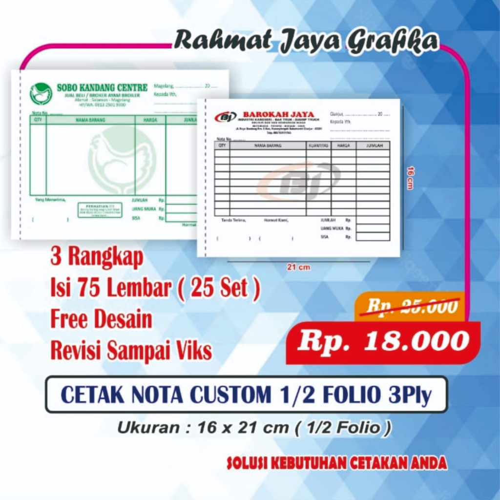 

Cetak Nota Custom Ukuran 1/2 Folio 3Ply desain suka suka Murah Rahmat Jaya Grafika