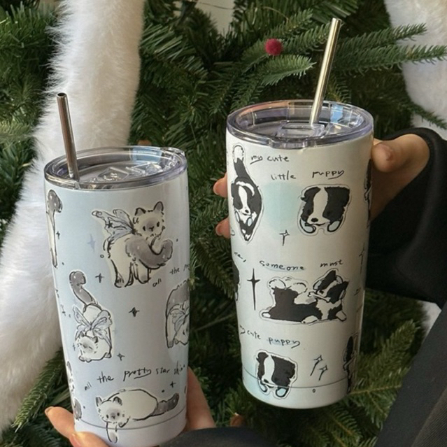 Tumblr air tinggi motif kupu kupu dan kucing cangkir termos kapasitas besar cangkir bahan baja karat
